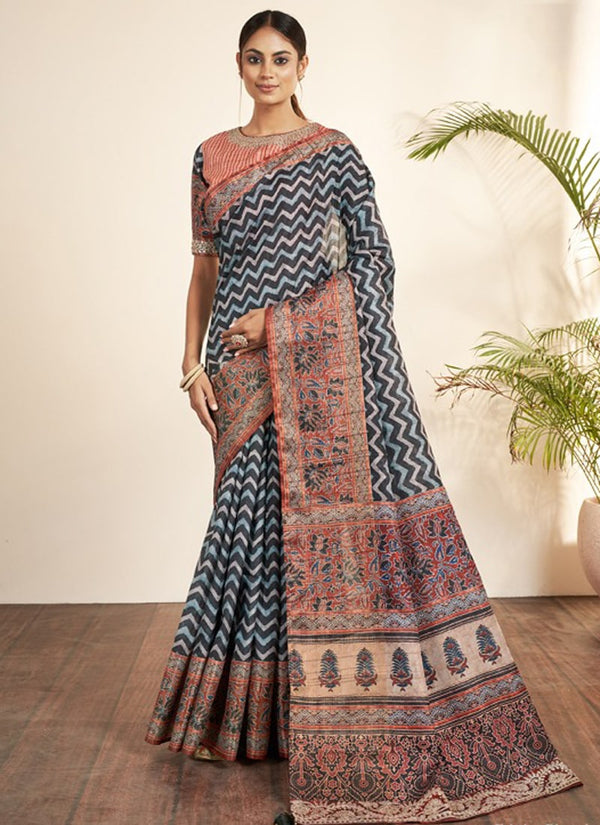Lassya Fashion Black Festive Glamour Bhagalpuri Silk Saree with Striped Print and Stone Work