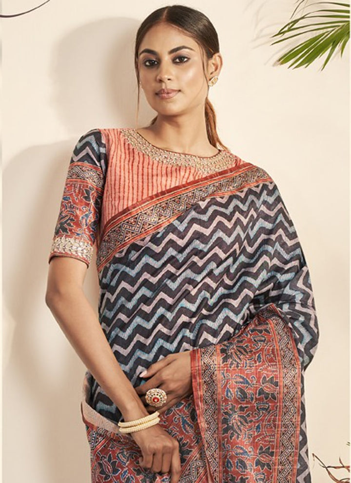 Lassya Fashion Black Festive Glamour Bhagalpuri Silk Saree with Striped Print and Stone Work