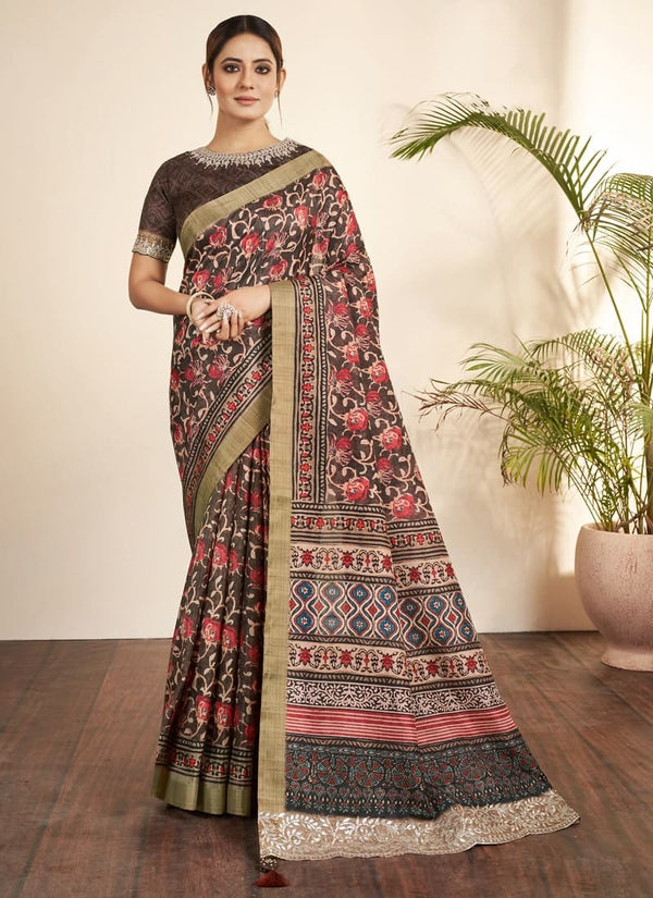 Lassya Fashion Dark Brown Floral Elegance Bhagalpuri Silk Saree with Handwork and Stone Border