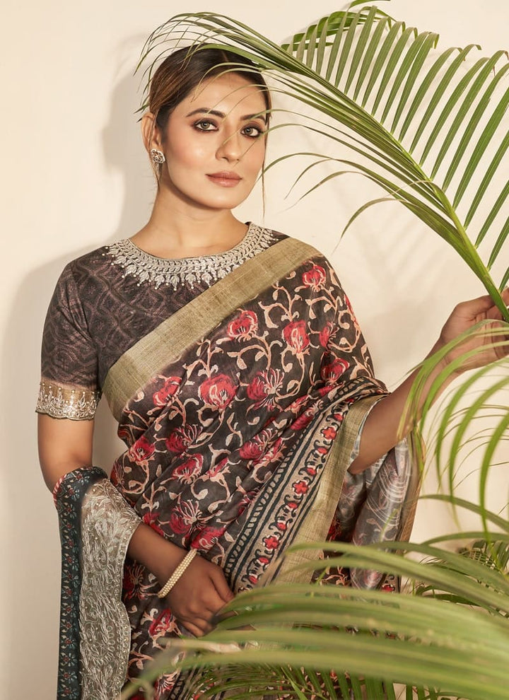 Lassya Fashion Dark Brown Floral Elegance Bhagalpuri Silk Saree with Handwork and Stone Border