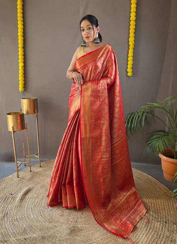 Lassya Fashion Philippine Red Exquisite Kanchipuram Silk Saree with Intricate Zari Weaving