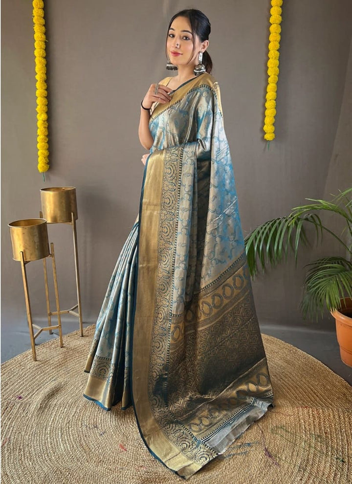 Lassya Fashion Ocean Blue Exquisite Kanchipuram Silk Saree with Intricate Zari Weaving