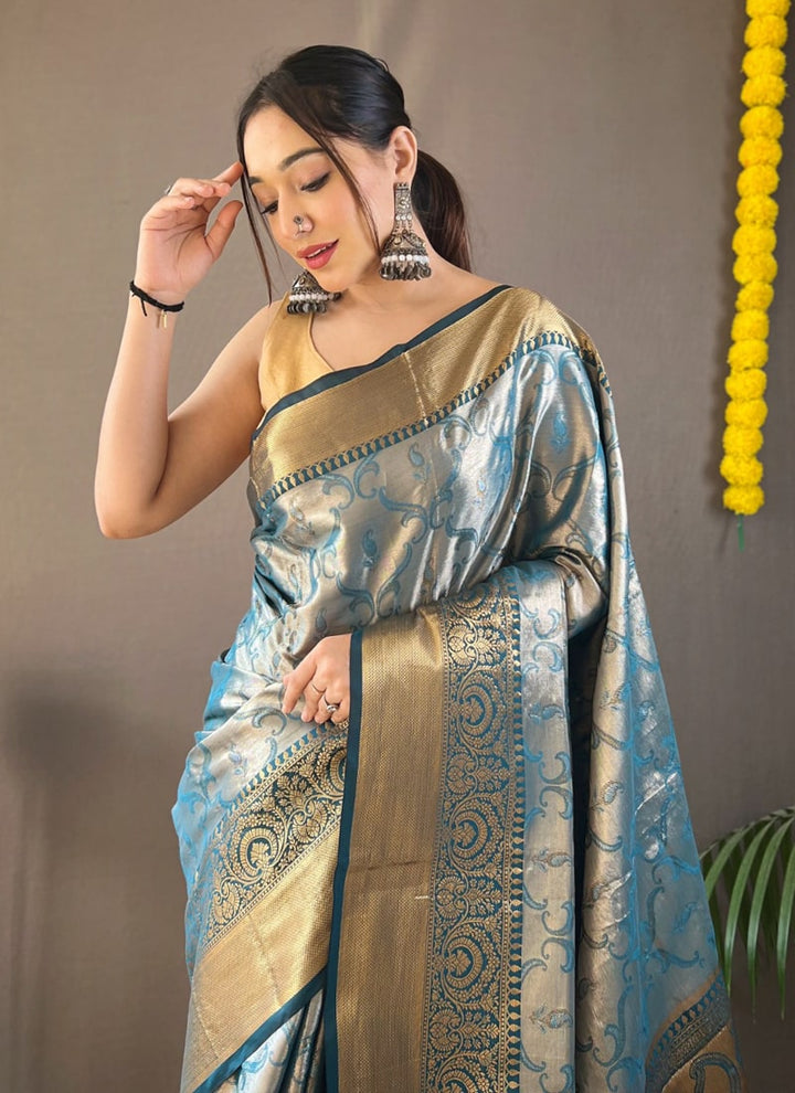 Lassya Fashion Ocean Blue Exquisite Kanchipuram Silk Saree with Intricate Zari Weaving