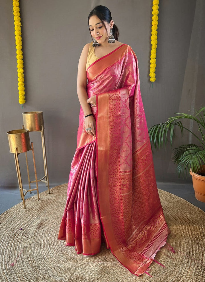 Lassya Fashion Deep Pink Exquisite Kanchipuram Silk Saree with Intricate Zari Weaving