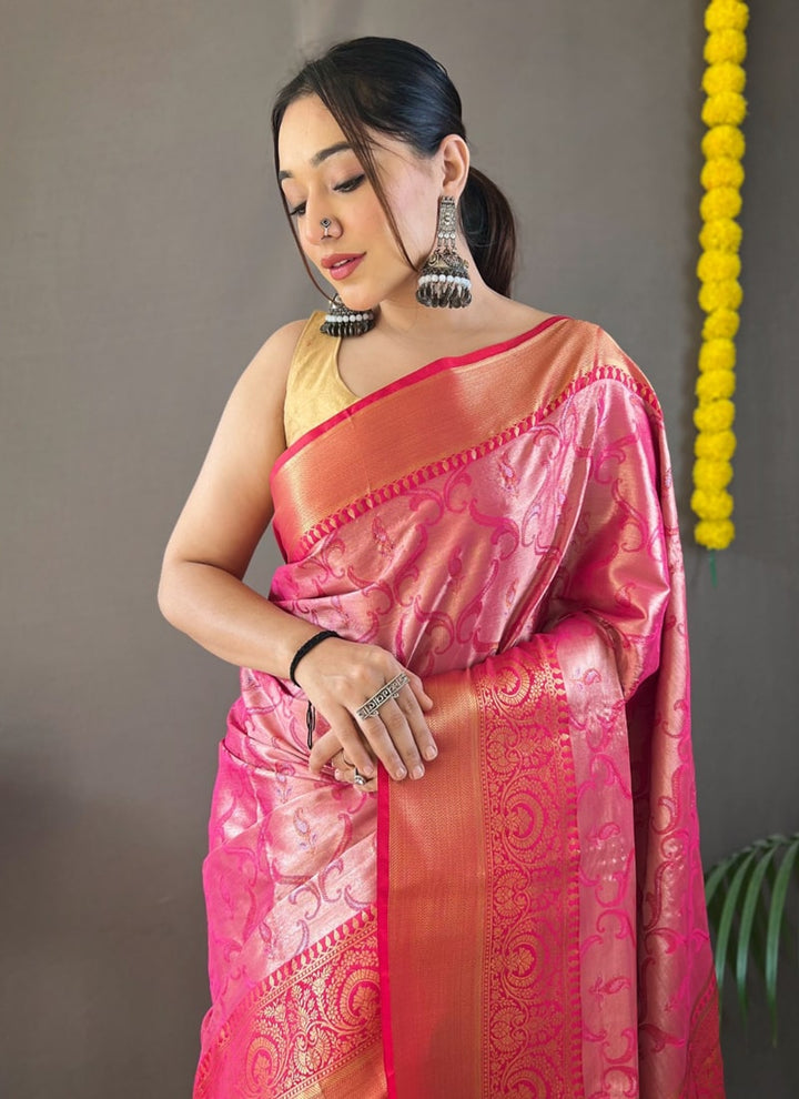 Lassya Fashion Deep Pink Exquisite Kanchipuram Silk Saree with Intricate Zari Weaving