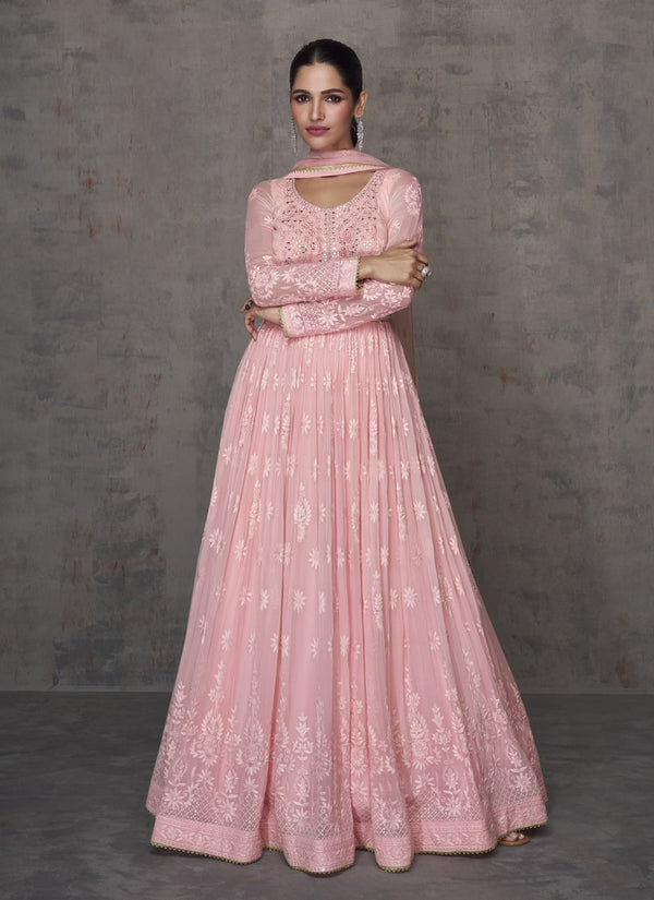 Lassya Fashion Pastel Pink Graceful Anarkali Partywear Gown in Real Georgette