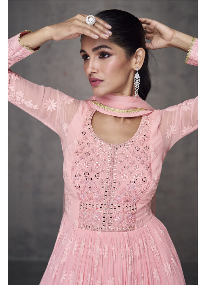 Lassya Fashion Pastel Pink Graceful Anarkali Partywear Gown in Real Georgette
