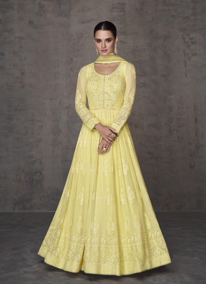 Lassya Fashion Pale Yellow Graceful Anarkali Partywear Gown in Real Georgette