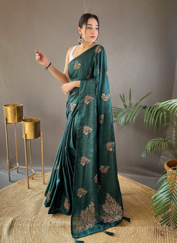 Lassya Fashion Pine Green Innovative Zari Embroidery Silk Saree with Butti Blouse Design