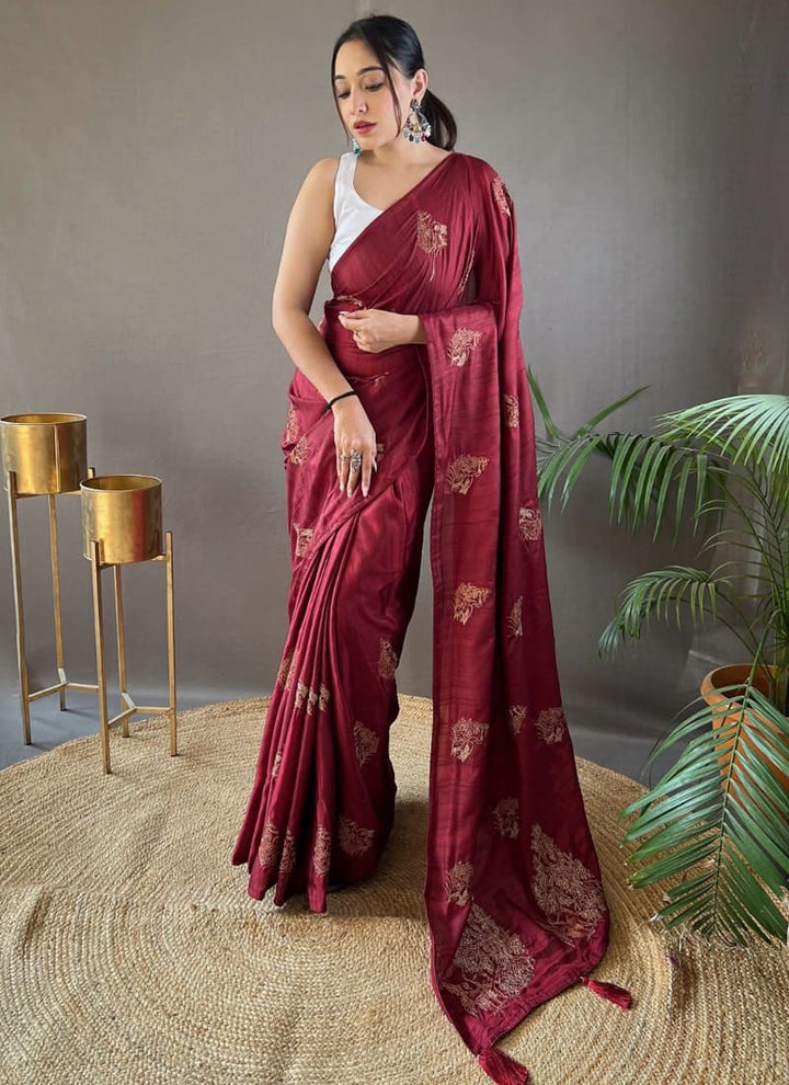 Lassya Fashion Wine Red Innovative Zari Embroidery Silk Saree with Butti Blouse Design