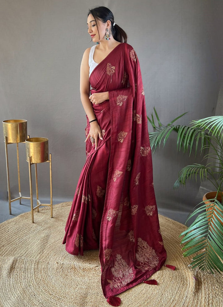 Lassya Fashion Wine Red Innovative Zari Embroidery Silk Saree with Butti Blouse Design