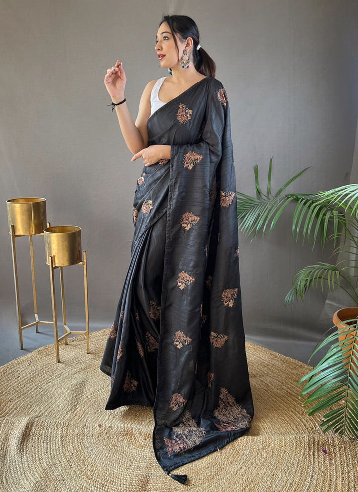 Lassya Fashion Black Innovative Zari Embroidery Silk Saree with Butti Blouse Design