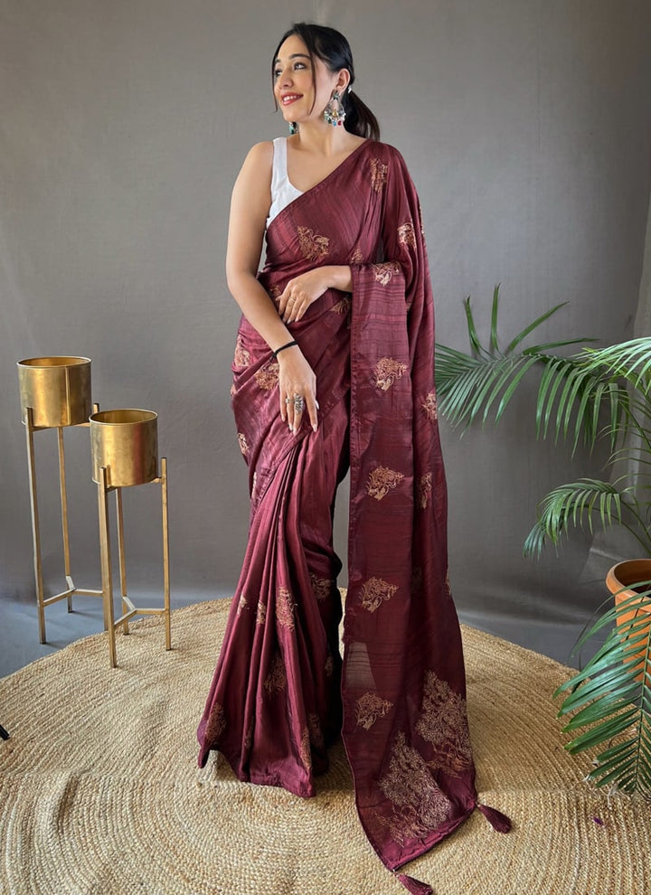 Lassya Fashion Maroon Innovative Zari Embroidery Silk Saree with Butti Blouse Design