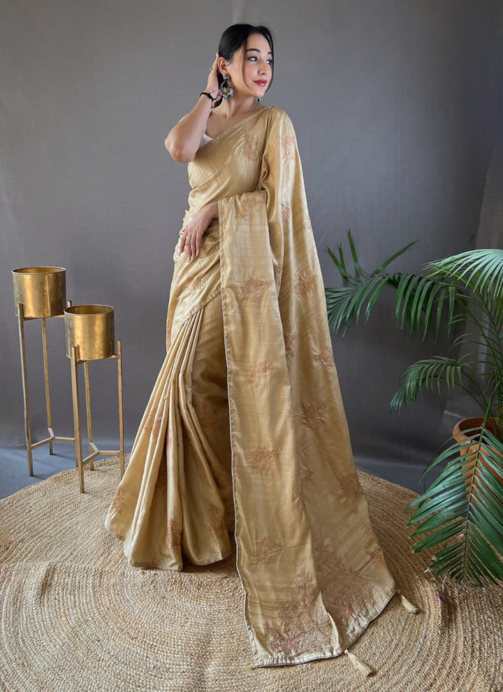 Lassya Fashion Light Taupe Innovative Zari Embroidery Silk Saree with Butti Blouse Design