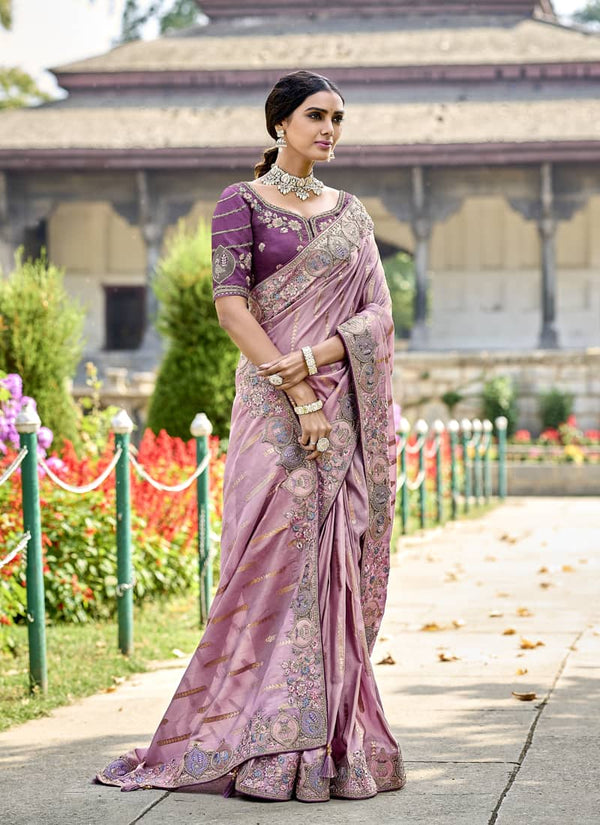 Dusty Pink Pink Elegant Intricate Designer Silk Saree Set