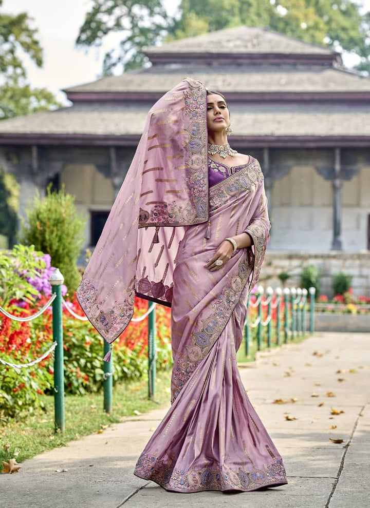 Dusty Pink Pink Elegant Intricate Designer Silk Saree Set