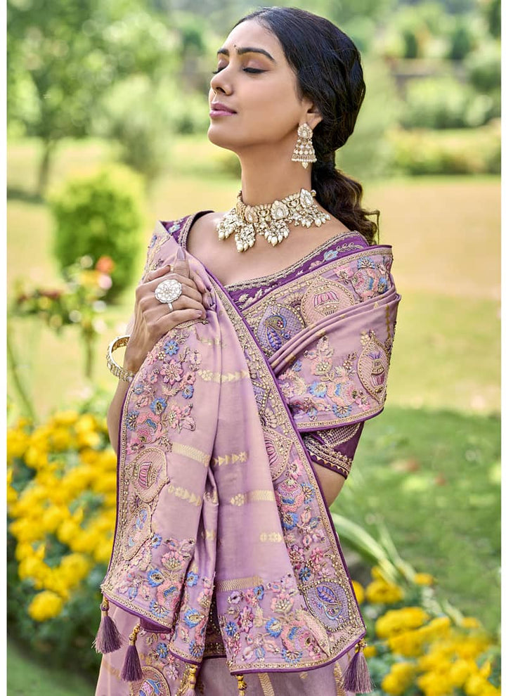 Dusty Pink Pink Elegant Intricate Designer Silk Saree Set