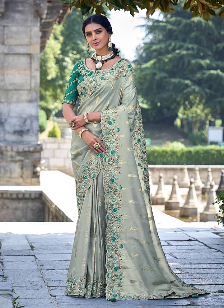 Pista Green Elegant Intricate Designer Silk Saree Set