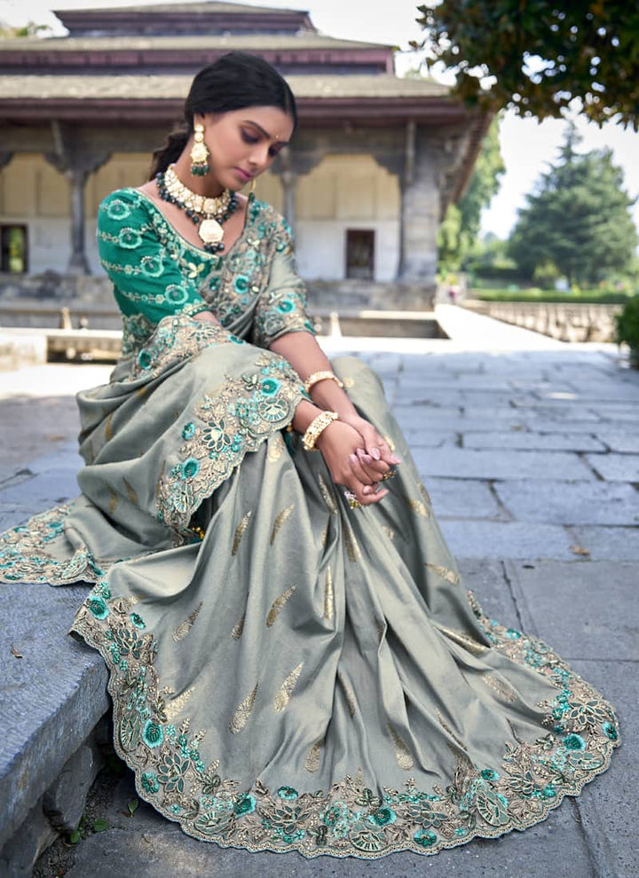 Pista Green Elegant Intricate Designer Silk Saree Set