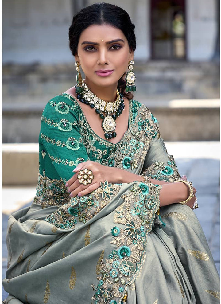 Pista Green Elegant Intricate Designer Silk Saree Set