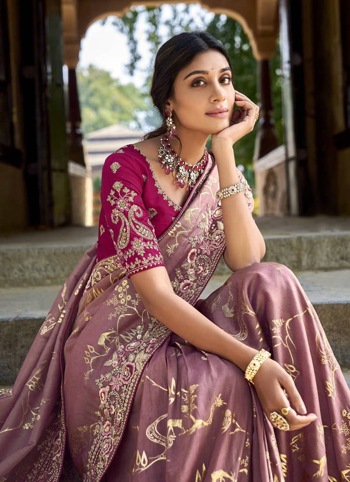 Mavue Pink Elegant Intricate Designer Silk Saree Set