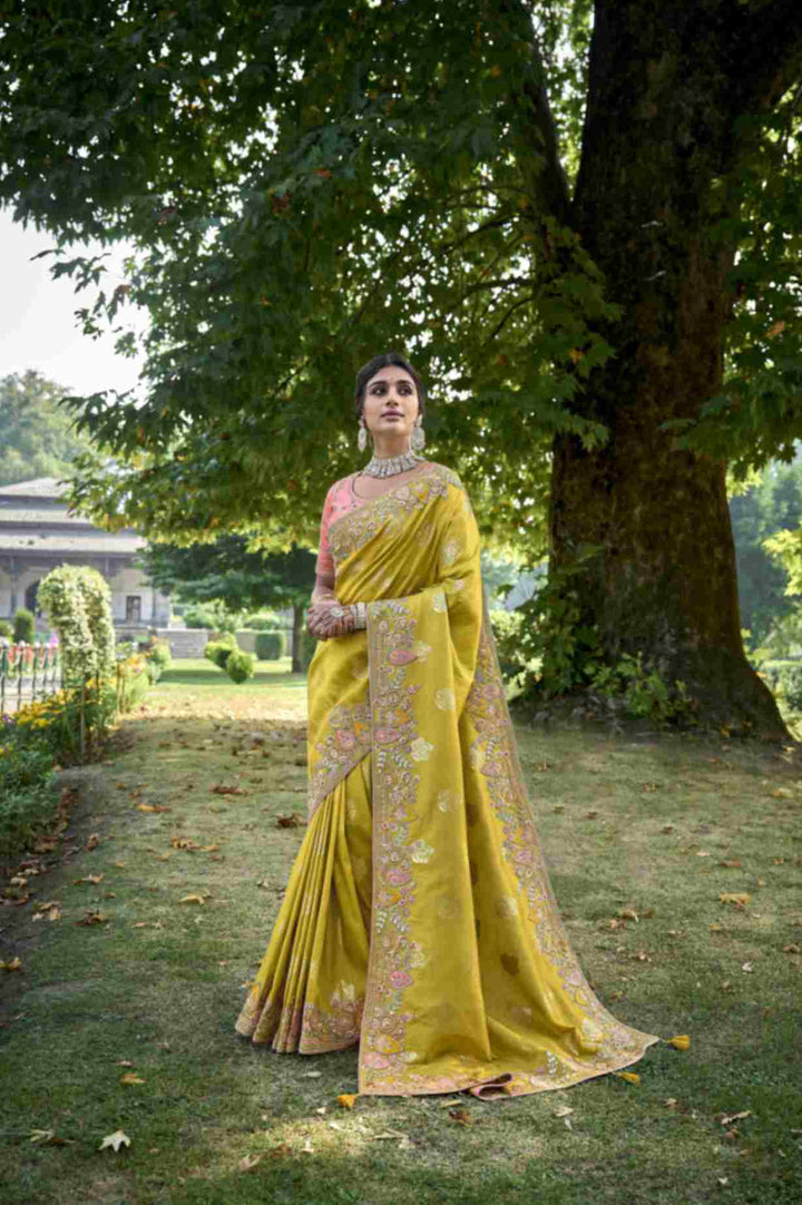 Canary Yellow Elegant Intricate Designer Silk Saree Set