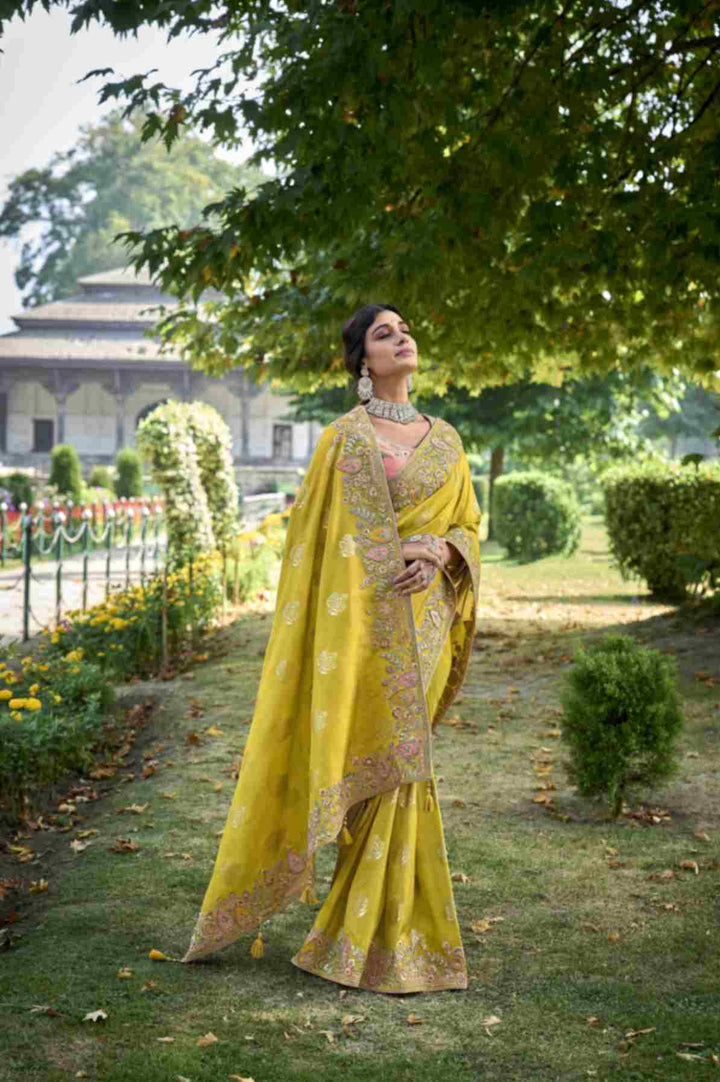 Canary Yellow Elegant Intricate Designer Silk Saree Set