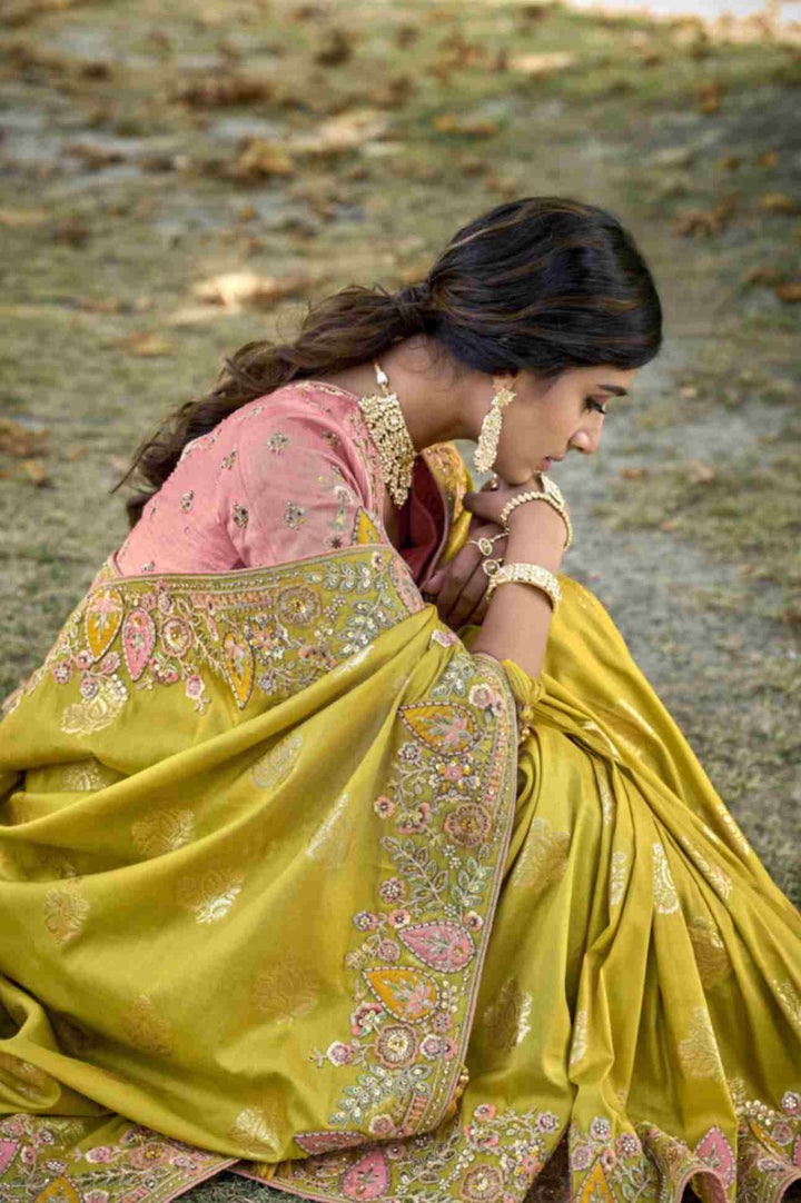 Canary Yellow Elegant Intricate Designer Silk Saree Set