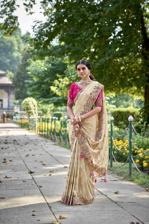 Cream Elegant Intricate Designer Silk Saree Set