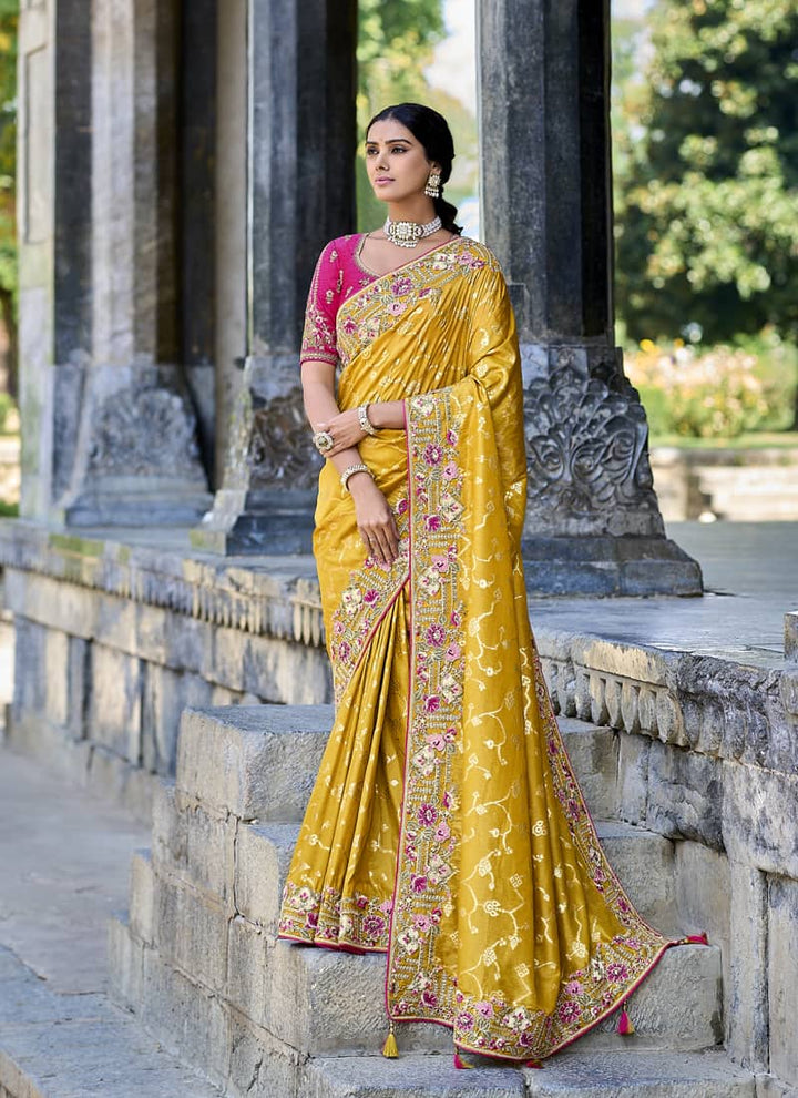 Mustard Yellow Elegant Intricate Designer Silk Saree Set