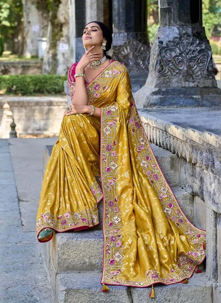 Mustard Yellow Elegant Intricate Designer Silk Saree Set