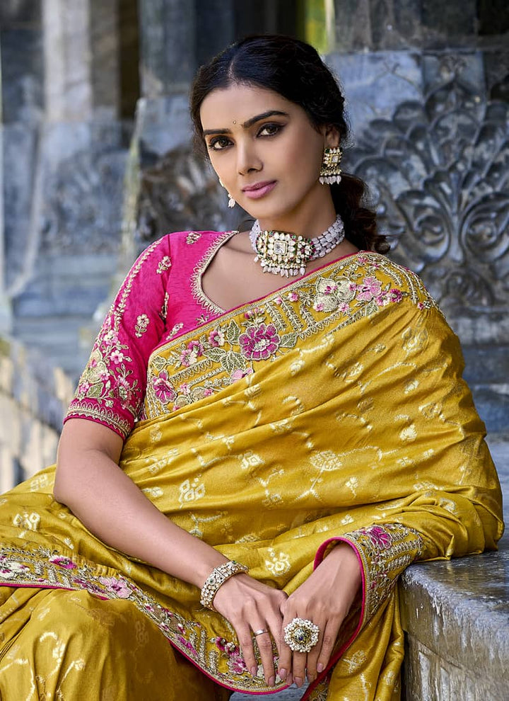 Mustard Yellow Elegant Intricate Designer Silk Saree Set