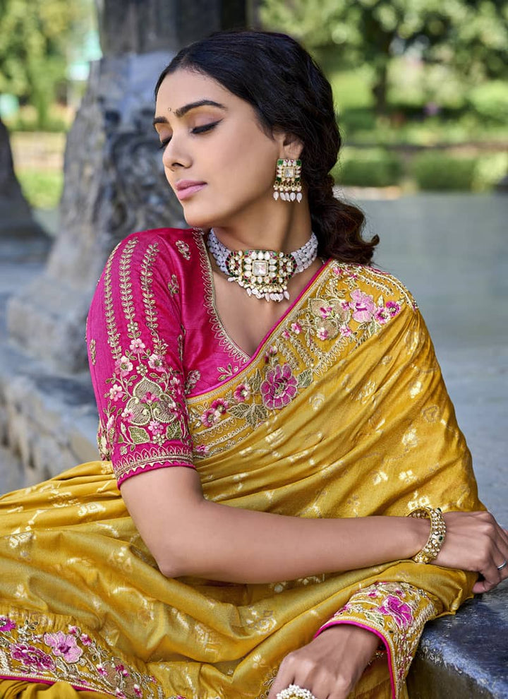 Mustard Yellow Elegant Intricate Designer Silk Saree Set