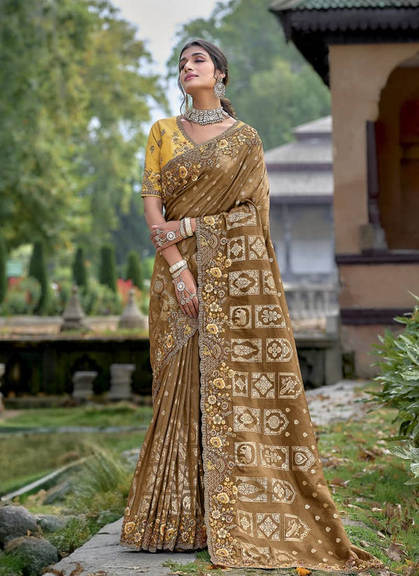 Beige Elegant Intricate Designer Silk Saree Set