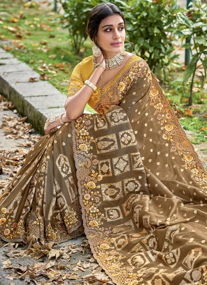 Beige Elegant Intricate Designer Silk Saree Set