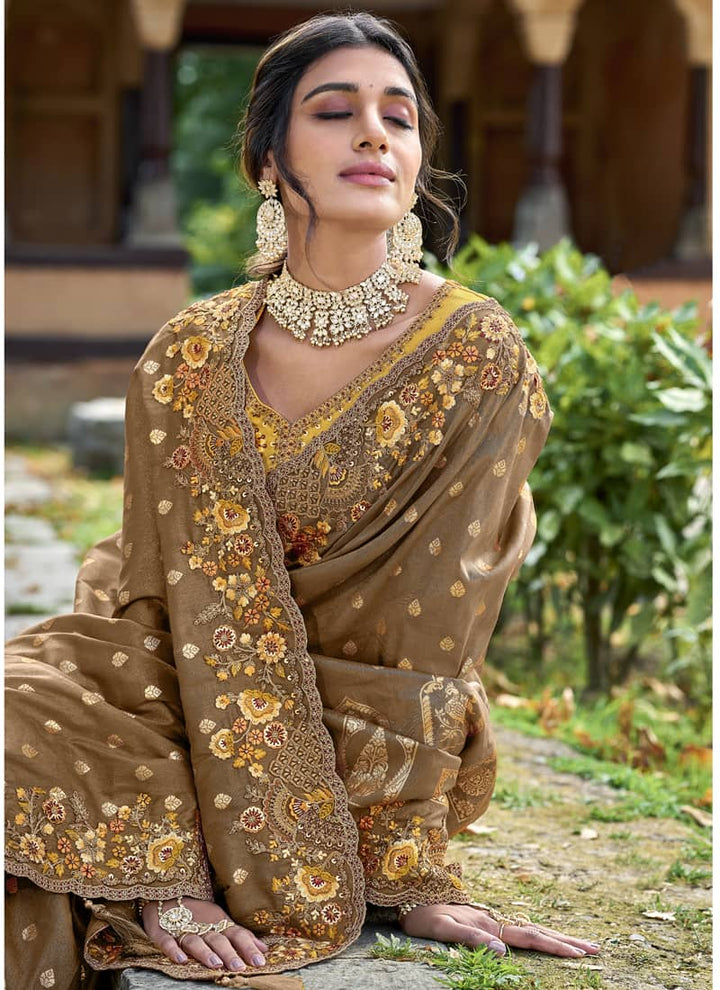 Beige Elegant Intricate Designer Silk Saree Set