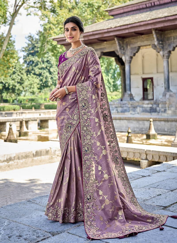 Lavender Elegant Intricate Designer Silk Saree Set