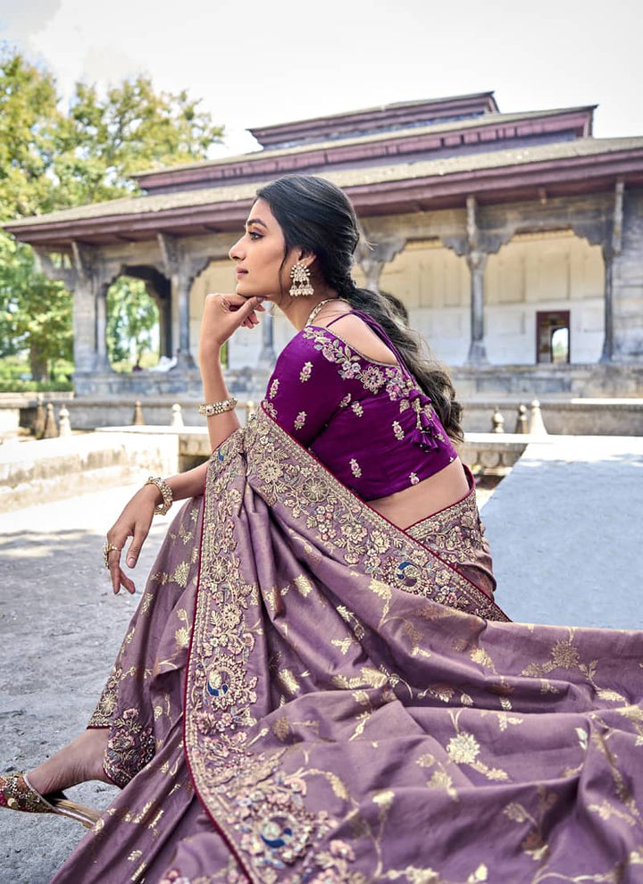Lavender Elegant Intricate Designer Silk Saree Set