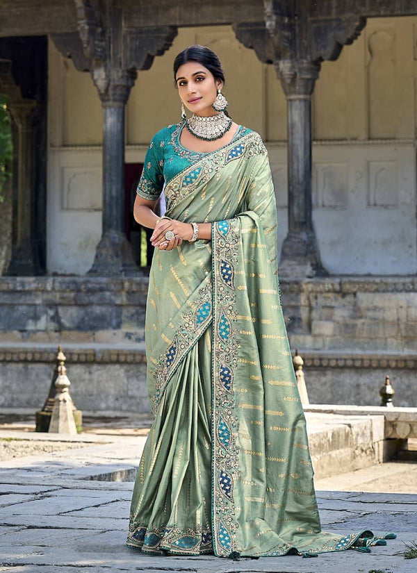 Sea Green Elegant Intricate Designer Silk Saree Set