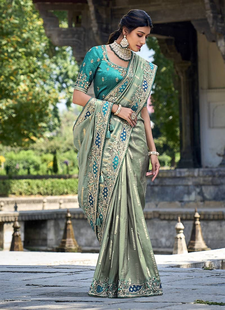 Sea Green Elegant Intricate Designer Silk Saree Set