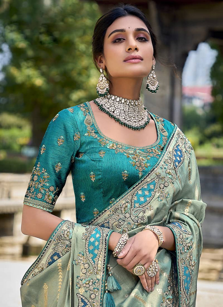 Sea Green Elegant Intricate Designer Silk Saree Set
