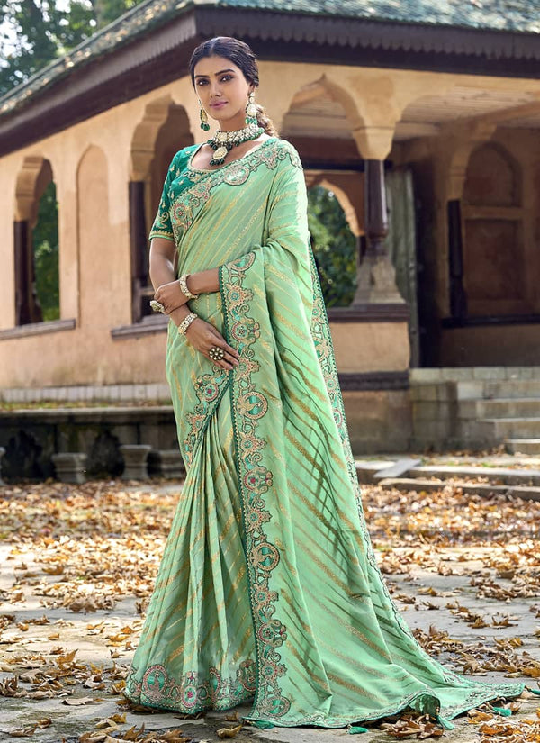 Mint Green Elegant Intricate Designer Silk Saree Set