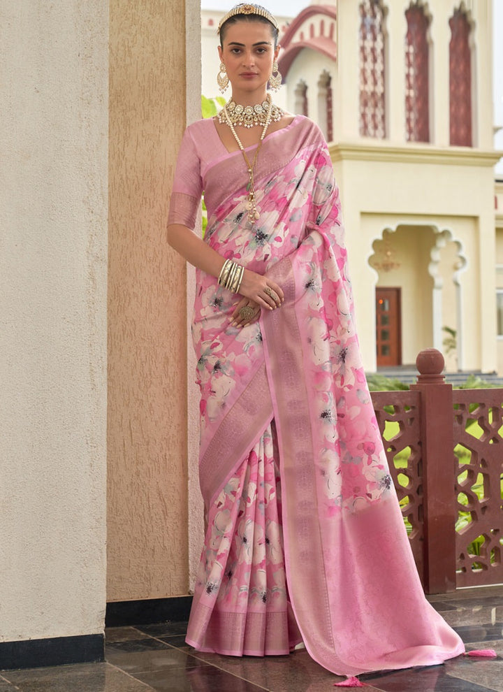 Rose Pink Designer Art Silk Saree with Weaving Border